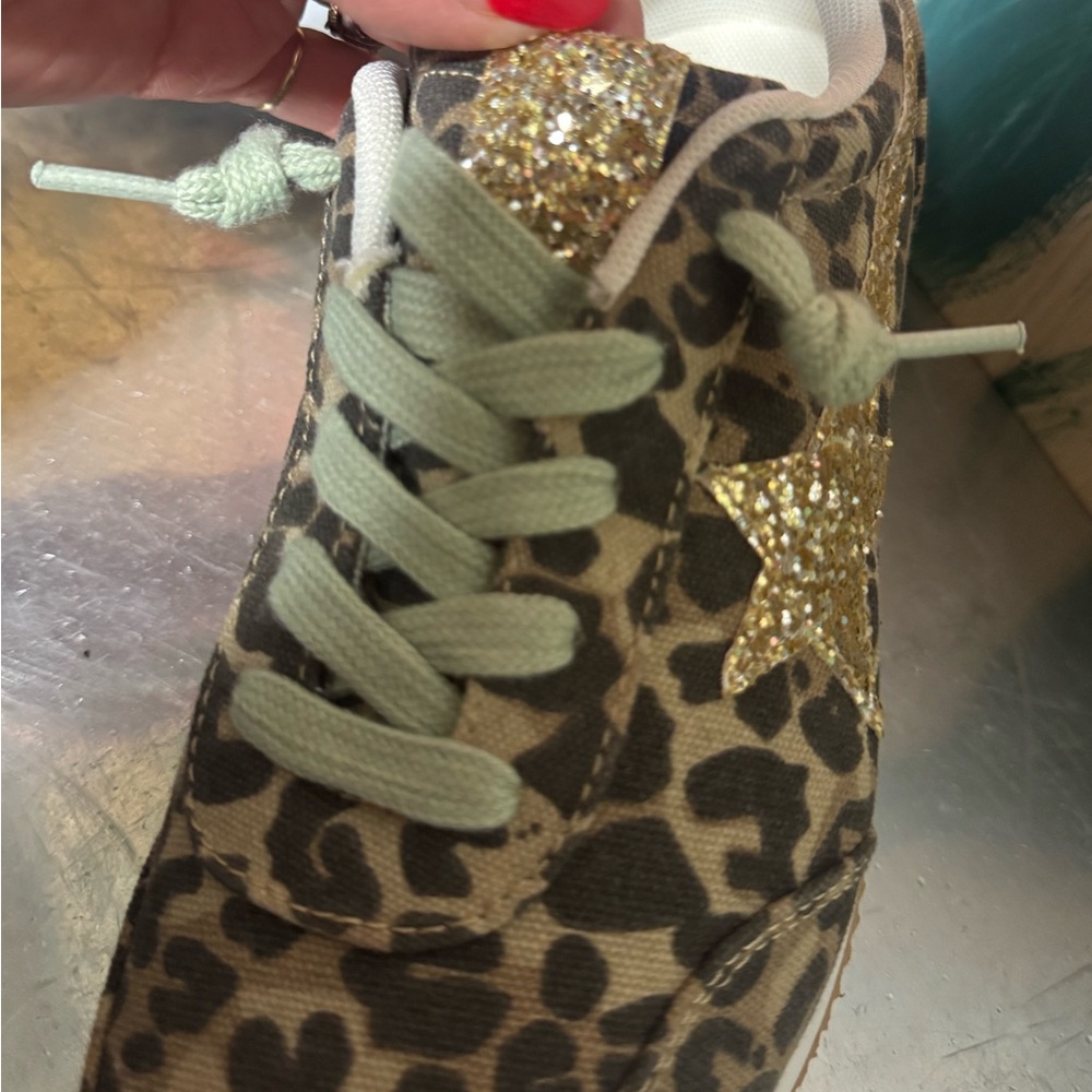 Leopard Print Kids Shoes with Gold Accents
